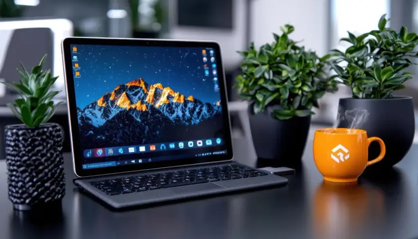 Laptop z górskim krajobrazem na ekranie, obok kubek parującej kawy i rośliny. Idealne miejsce do nagrywania ekranu skrót.