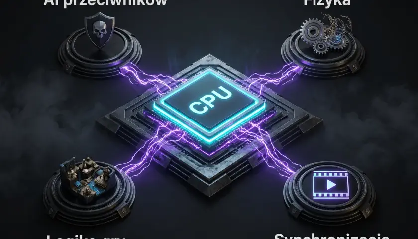 Centralny procesor (CPU) zasila cztery obszary: AI przeciwników, Fizykę, Logikę gry i Synchronizację klatek. Porównaj procesory, by zrozumieć ich moc.