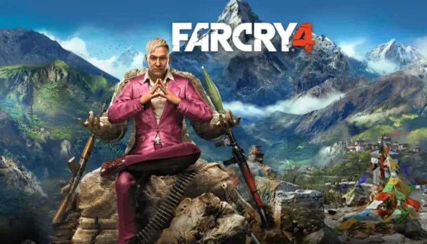 Pagan Min w różowym garniturze siedzi na tronie z kamieni i amunicji, z widokiem na góry Kyrat. Sprawdź Far Cry 4 wymagania.