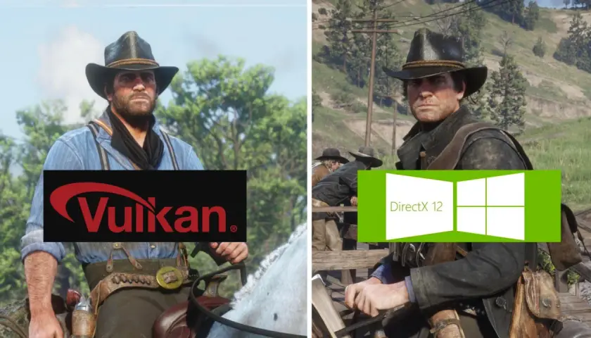 Dwa ujęcia z gry, porównujące Vulkan i DirectX 12. Na lewo logo Vulkan, na prawo logo DirectX 12.