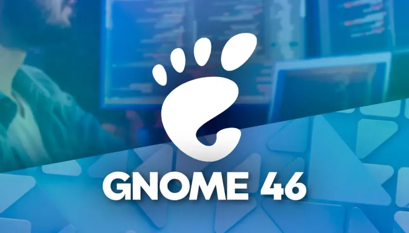 Logo GNOME 46 na tle programisty pracującego przy komputerze.