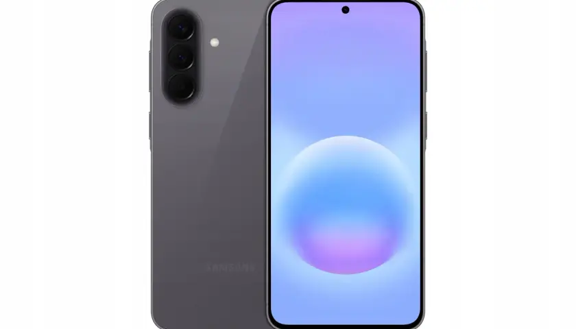 Szary Samsung Galaxy A57 5G z potrójnym aparatem z tyłu i ekranem z kolorowym gradientem.