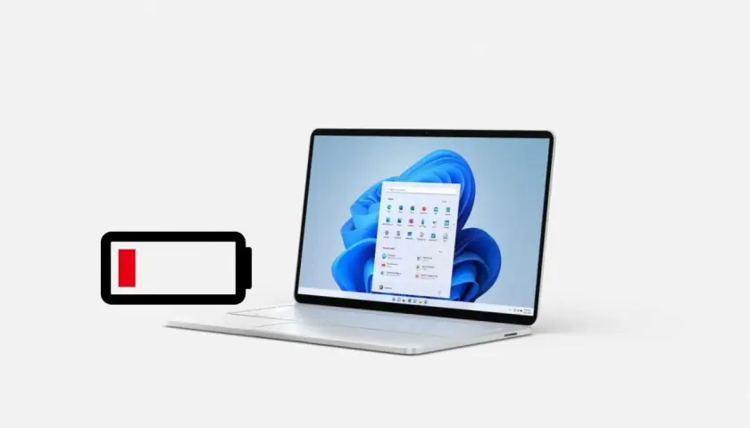 Niski poziom baterii na laptopie z Windows 11. Czas na ładowanie, by zapewnić najwyższą wydajność zasilania Windows 11.