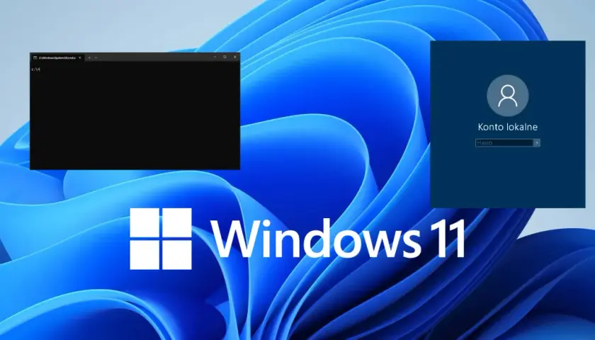 Ekran logowania Windows 11 z polem "Konto lokalne" i otwartym wierszem poleceń.