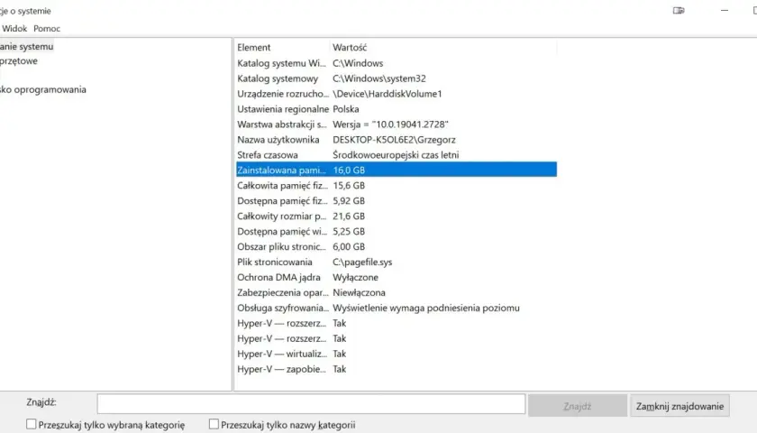 Jak sprawdzić RAM w komputerze? Na ekranie widać okno "Informacje o systemie", gdzie podano, że zainstalowana pamięć RAM wynosi 16,0 GB.