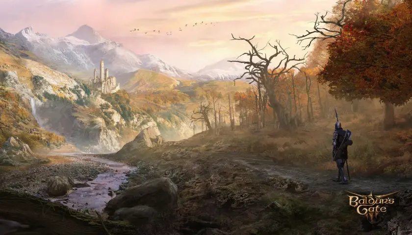 Rycerz w zbroi na tle górskiego krajobrazu z zamkiem. Idealna grafika do sprawdzenia wymagań Baldur's Gate 3.