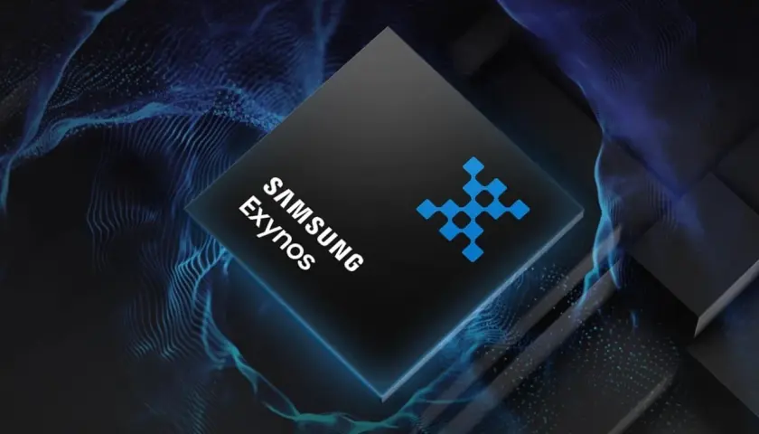 Nowy procesor Samsung Exynos 2400, symbolizujący przyszłość technologii mobilnych, otoczony niebieskimi falami danych.
