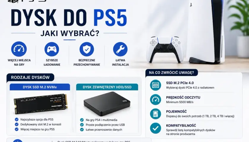 Poradnik wyboru dysku do PS5: SSD M.2 NVMe dla najlepszych wrażeń z gier, szybkie ładowanie i więcej miejsca.