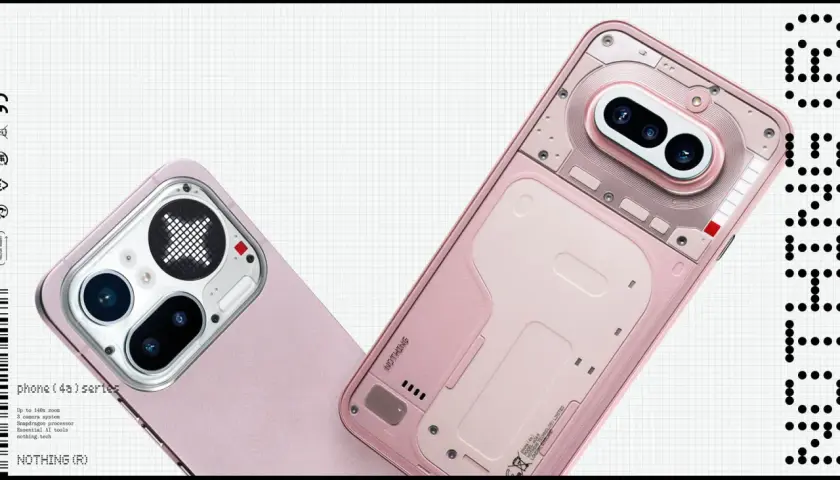 Dwa różowe telefony Nothing Phone (4s) serii, jeden z widocznym modułem aparatu z ikoną X, drugi z przezroczystym tyłem ukazującym wnętrze.