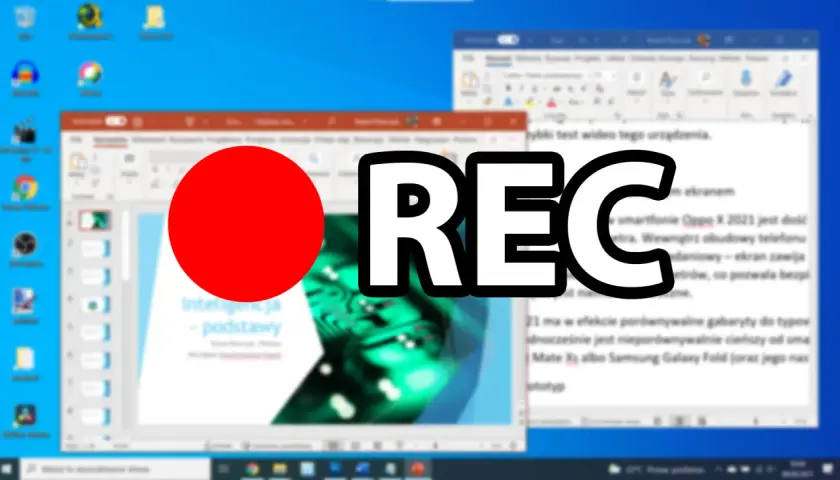 Jak nagrać ekran na komputerze? Widok pulpitu z otwartymi oknami programów i dużym napisem "REC" sugeruje nagrywanie.