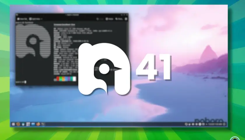 Logo Nobara OS 41 na tle zachodu słońca nad plażą. Widoczny terminal z informacjami o systemie.
