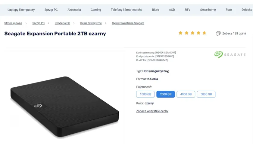 Czarny, przenośny dysk Seagate Expansion Portable 2TB HDD, idealny do przechowywania danych.