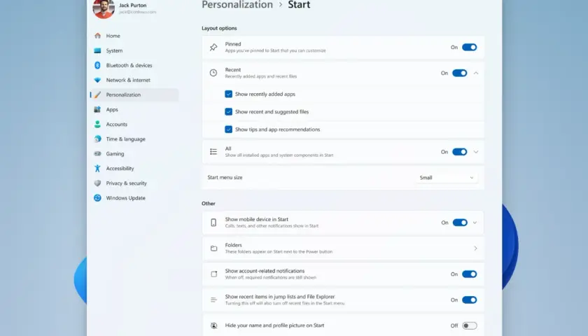 Ustawienia personalizacji menu Start: opcje układu, ostatnie elementy, rozmiar menu.