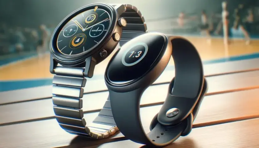 Elegancki smartwatch z metalową bransoletą i sportowy smartband obok siebie. Który wybierzesz na trening?