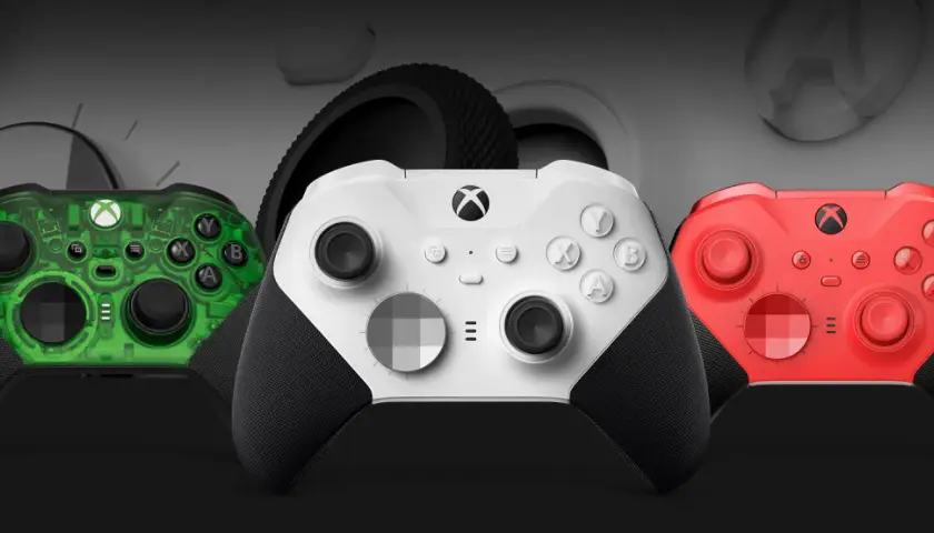 Trzy kontrolery Xbox Elite Series 3 w kolorach zielonym, białym i czerwonym, gotowe do gry.