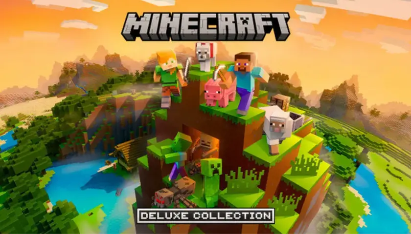 Postać Steve'a, Alex, świni, owcy, psa i potworów na tle krajobrazu Minecraft. Sprawdź, czy Twój komputer spełnia wymagania Minecraft.