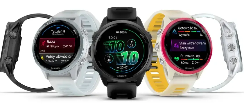 Zegarki Garmin Forerunner 570 w różnych kolorach: czarny, jasnoszary, czarny, kremowo-żółty i biały.