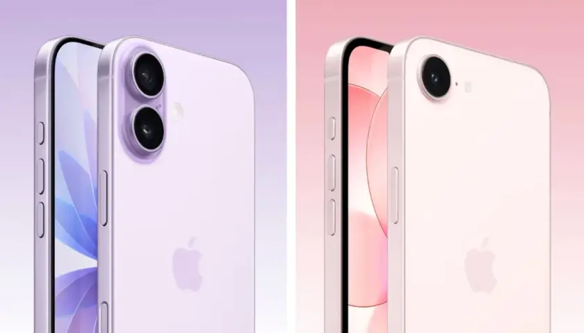 Dwa telefony iPhone w pastelowych kolorach: fioletowy z podwójnym aparatem i różowy z pojedynczym. Czyżby zapowiedź ip 17e?