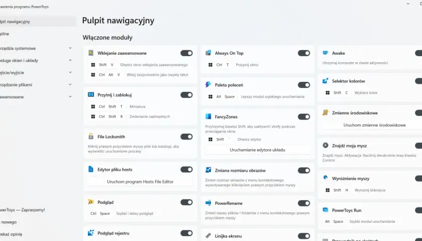 Ustawienia PowerToys z modułami, jak Paleta poleceń, FancyZones i PowerToys Run, usprawniające pracę w stylu windows 11 lite.