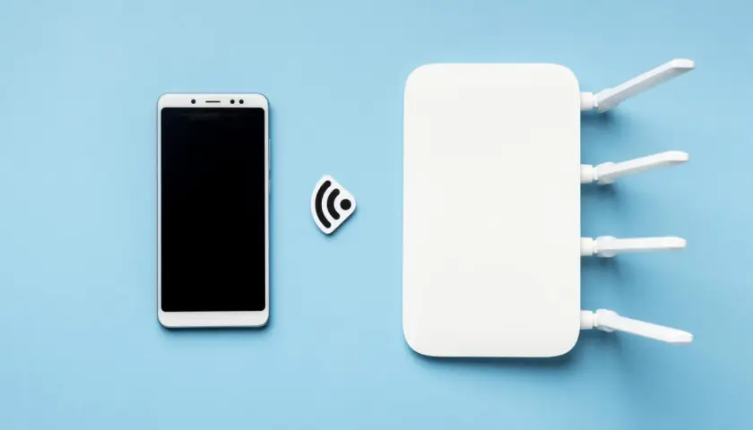 Smartfon i router Wi-Fi obok symbolu sieci. Dowiedz się, jak udostępnić internet z telefonu.