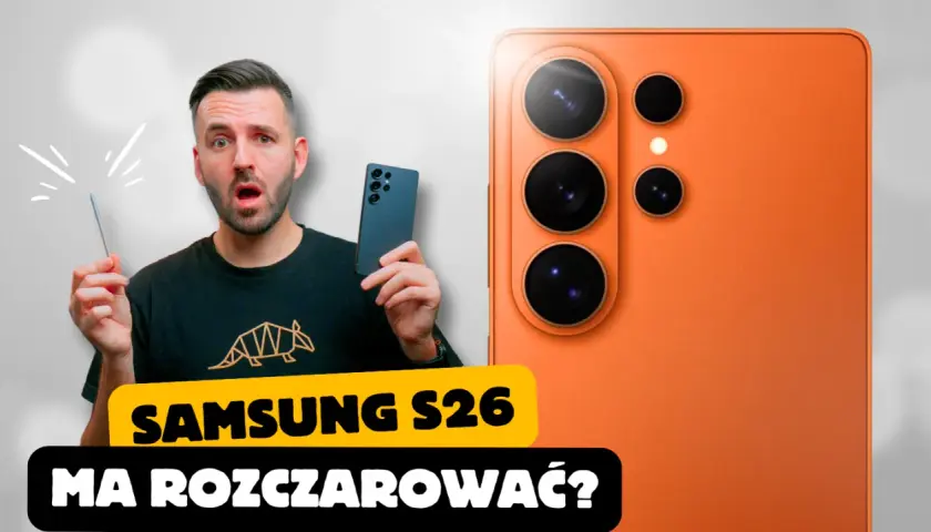 Zaskoczony mężczyzna trzymający rysik obok telefonu z systemem Android. Czy Samsung S26 rozczaruje?