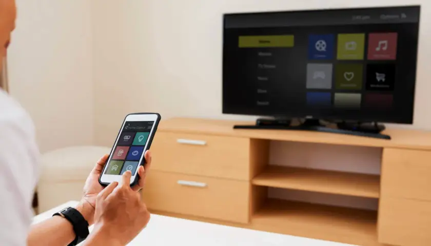 Osoba używa iPhone'a do sterowania telewizorem, pokazując, jak udostępnić ekran z iPhone na TV.
