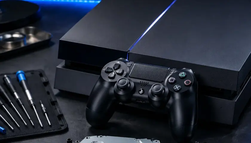 Konsola PS4 z kontrolerem i narzędziami do naprawy. Zastanawiasz się, ile lat ma PS4?