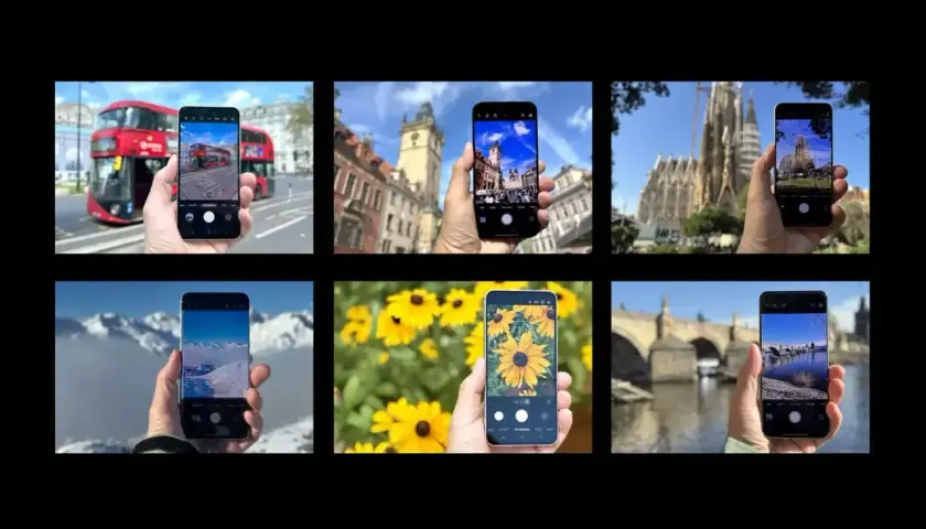 Sześć zdjęć pokazujących, który telefon ma najlepszy aparat: Londyn, Praga, Barcelona, góry, słoneczniki, most.