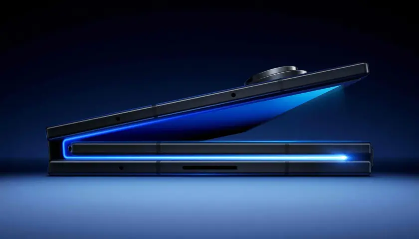 Czarne, częściowo otwarte urządzenie Samsung Galaxy Z Trifold z niebieskim podświetleniem.