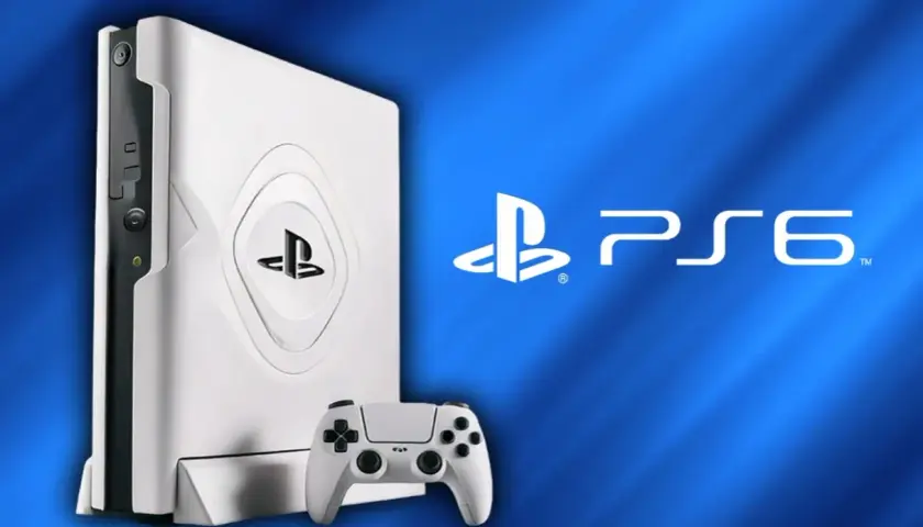 Biała konsola PlayStation 6 z kontrolerem na niebieskim tle.