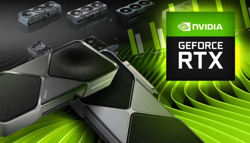 Karty graficzne RTX 5000 series: RTX 5070 i RTX 5090, obok mniejszych modeli i logo NVIDIA.