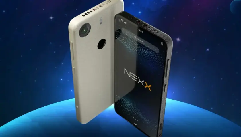 Dwa telefony, jeden z tyłu z aparatem i czarnym kółkiem, drugi z przodu z ekranem i logo NEXX. To telefon z linuxem.