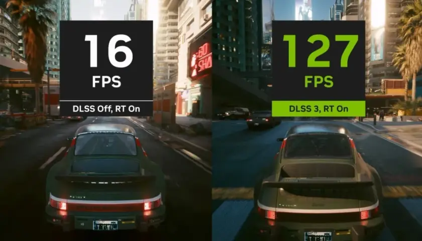 Porównanie gry z path tracing: 16 FPS bez DLSS vs 127 FPS z DLSS 3. Widok zza zielonego Porsche w neonowym mieście.