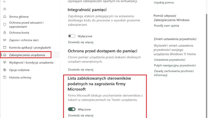 Zabezpieczenia urządzenia w Windows 11: integralność pamięci, ochrona przed dostępem do pamięci i lista zablokowanych sterowników.