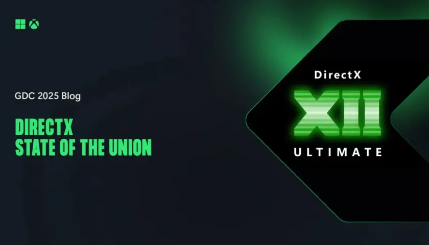 GDC 2025 Blog: DirectX State of the Union. Zielony napis DirectX XII ULTIMATE na ciemnym tle.