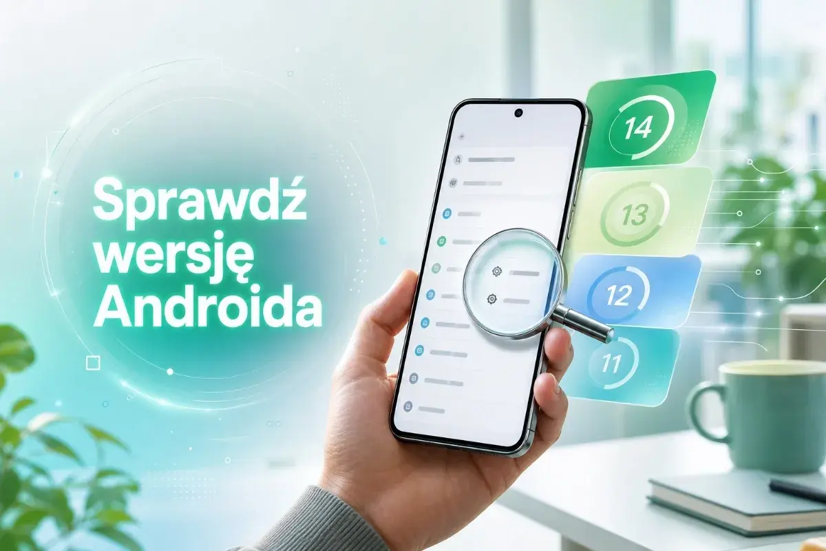 Dłoń trzyma smartfon z listą ustawień, powiększoną lupą. Obok widoczne są kolejne wersje Androida: 11, 12, 13 i 14.