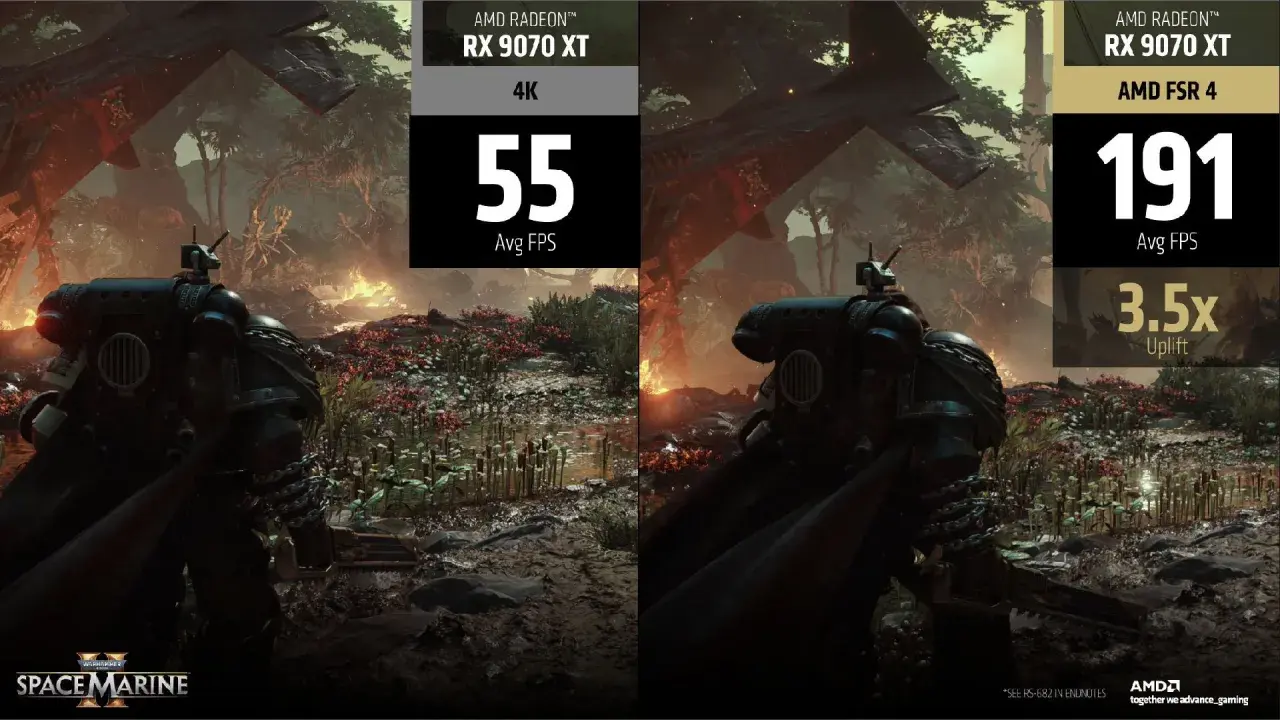 Porównanie wydajności w Space Marine 2: RX 9070 XT bez AMD FSR 4 (55 FPS) vs z AMD FSR 4 (191 FPS).