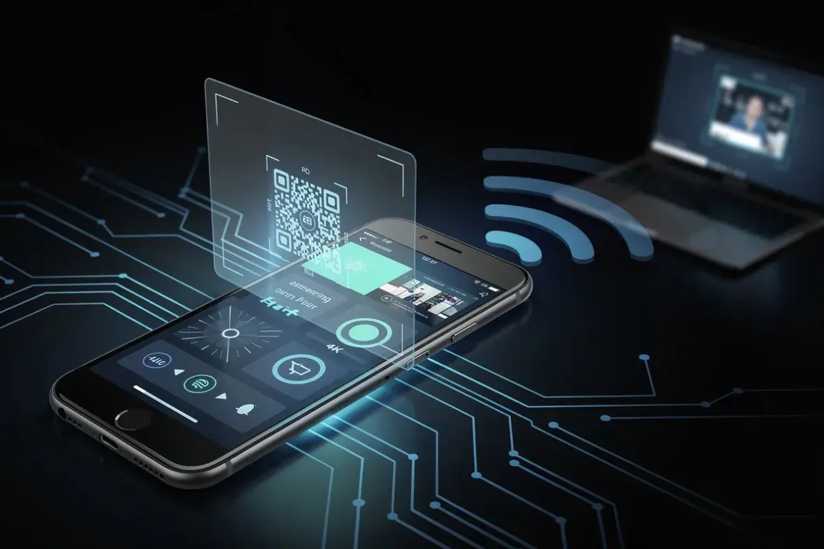 Telefon z kamerą skanuje kod QR, łącząc się bezprzewodowo z laptopem.