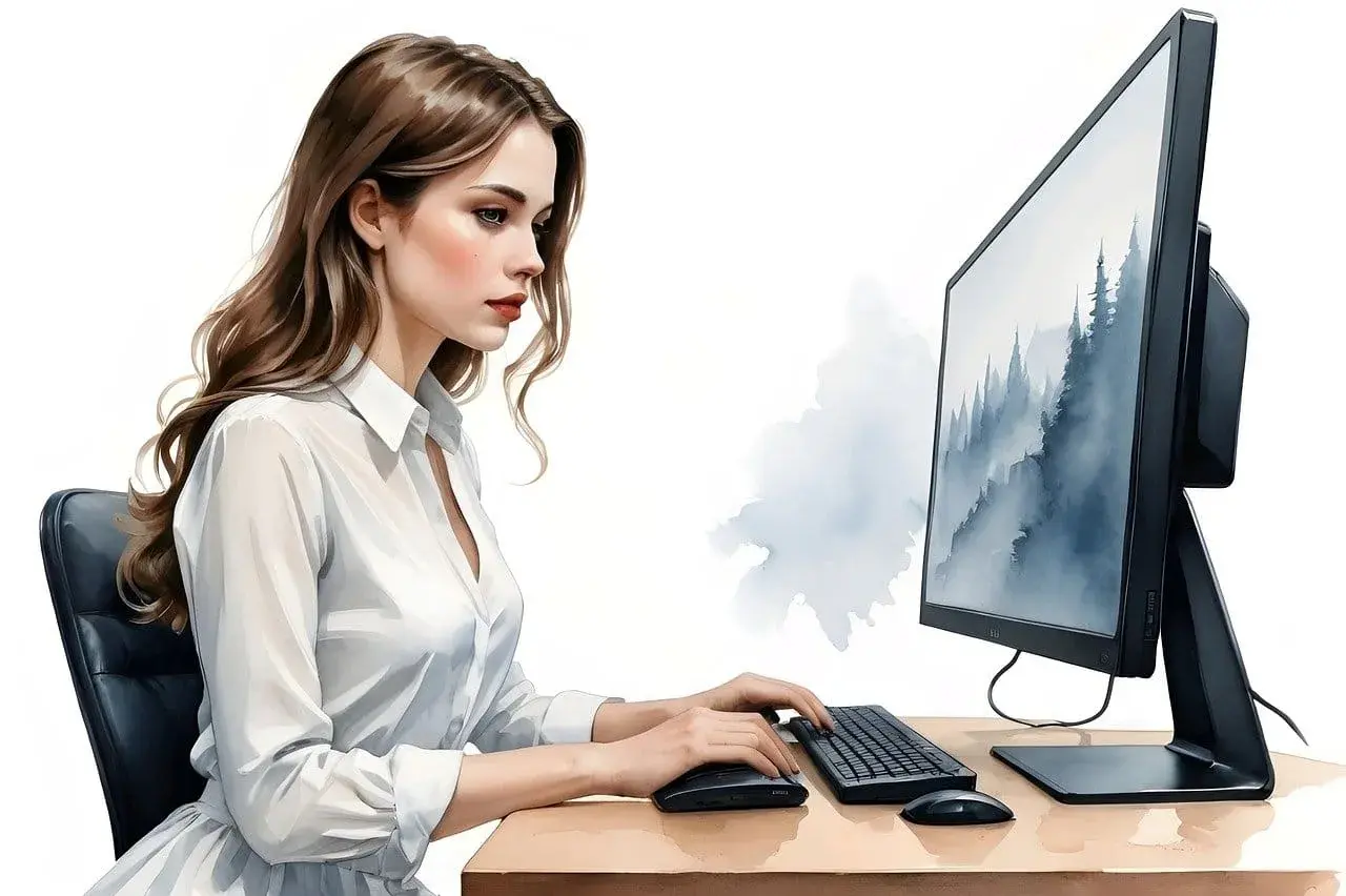 Kobieta pracuje przy komputerze, zastanawiając się nad wyborem: linux czy windows.