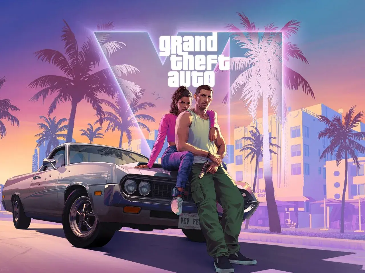 Para GTA 6 ile gb? Para, palmy i neonowy blask Miami. Para siedzi na muscle carze, czekając na przygodę.