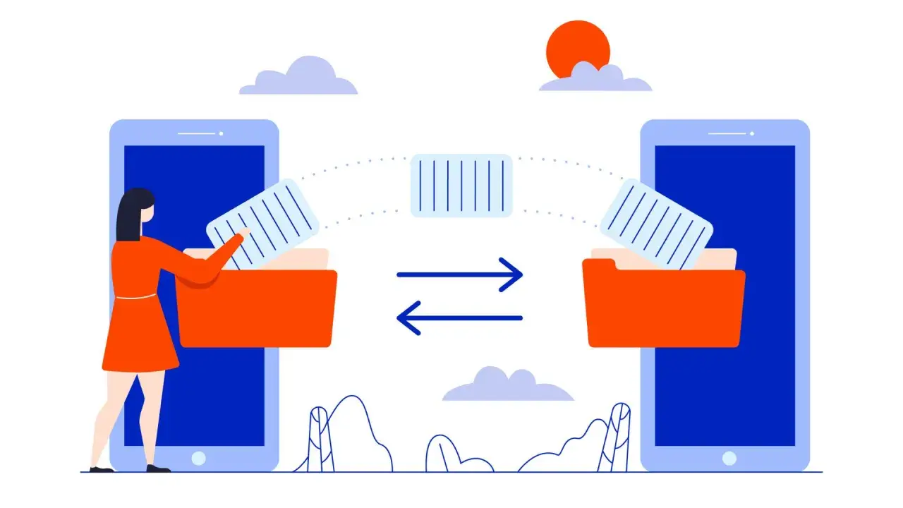Ilustracja pokazuje, jak przenieść dane z telefonu na telefon. Kobieta przenosi pliki między dwoma smartfonami za pomocą folderów i strzałek.