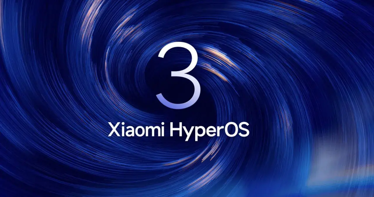 Trójka i logo Xiaomi HyperOS na tle wirującego, niebieskiego wzoru.