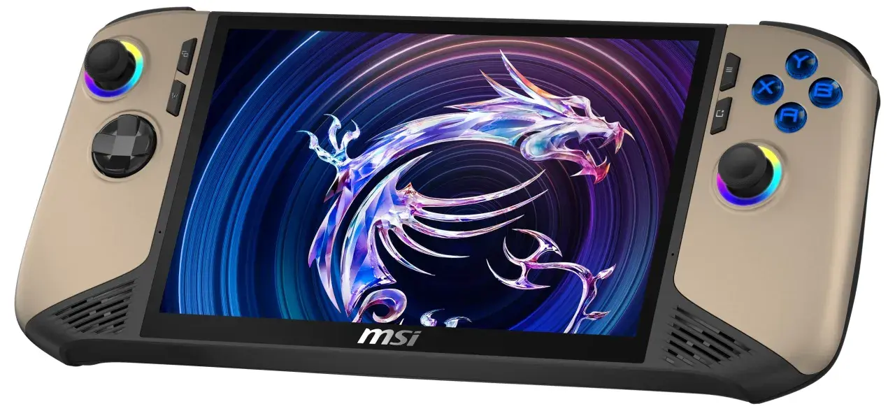 Złoty handheld MSI Claw 8 AI+ z podświetlanymi przyciskami i ekranem z motywem smoka.