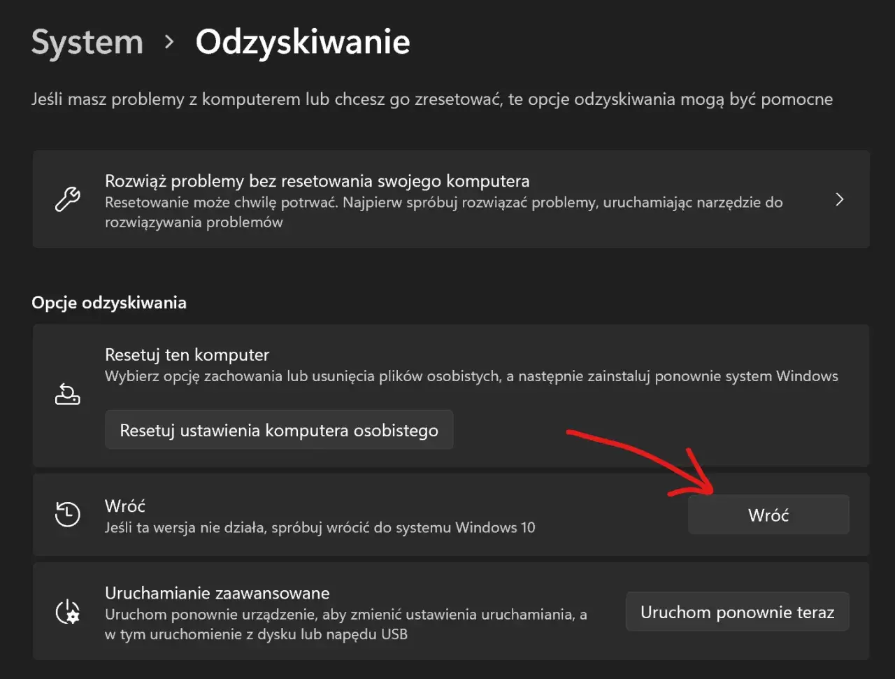 Opcje odzyskiwania systemu Windows 11: resetowanie, powrót do poprzedniej wersji lub zaawansowane uruchamianie. Pomocne, gdy chcesz wiedzieć, jak zainstalować Windows 11 od nowa.