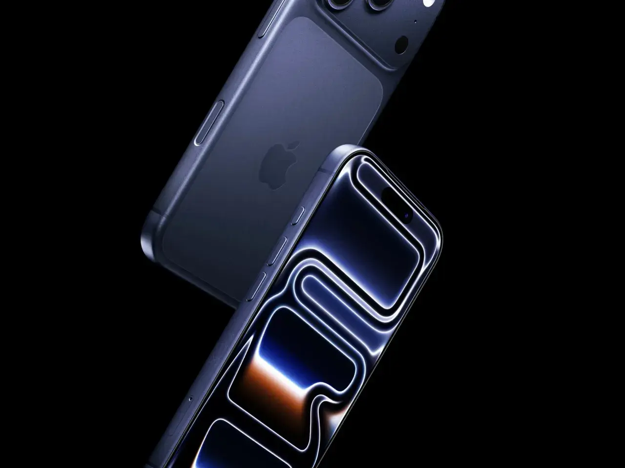 Dwa eleganckie telefony iPhone 18 Pro Max w ciemnym kolorze, jeden z widocznym jabłkiem, drugi z podświetlonym ekranem.