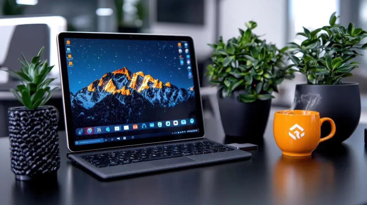 Laptop z górskim krajobrazem na ekranie, obok kubek parującej kawy i rośliny. Idealne miejsce do nagrywania ekranu skrót.