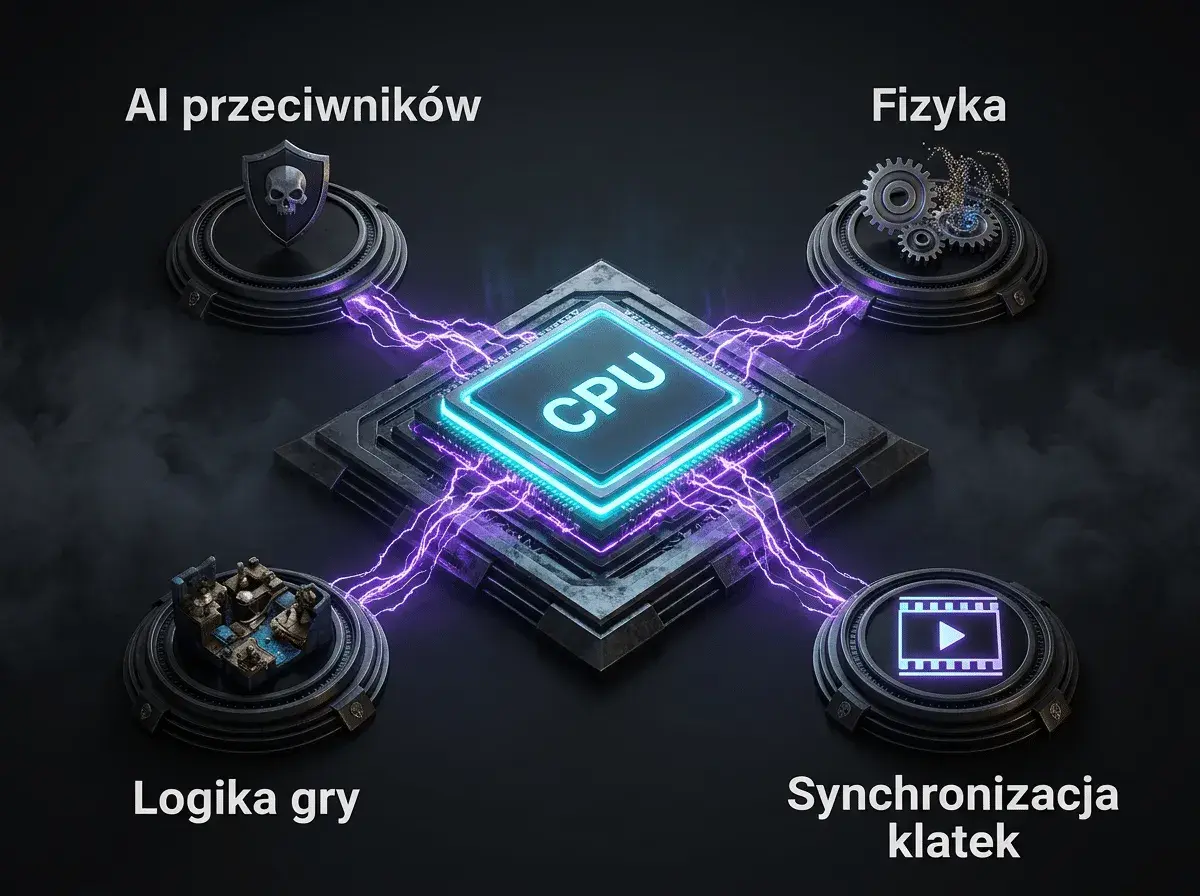 Centralny procesor (CPU) zasila cztery obszary: AI przeciwników, Fizykę, Logikę gry i Synchronizację klatek. Porównaj procesory, by zrozumieć ich moc.