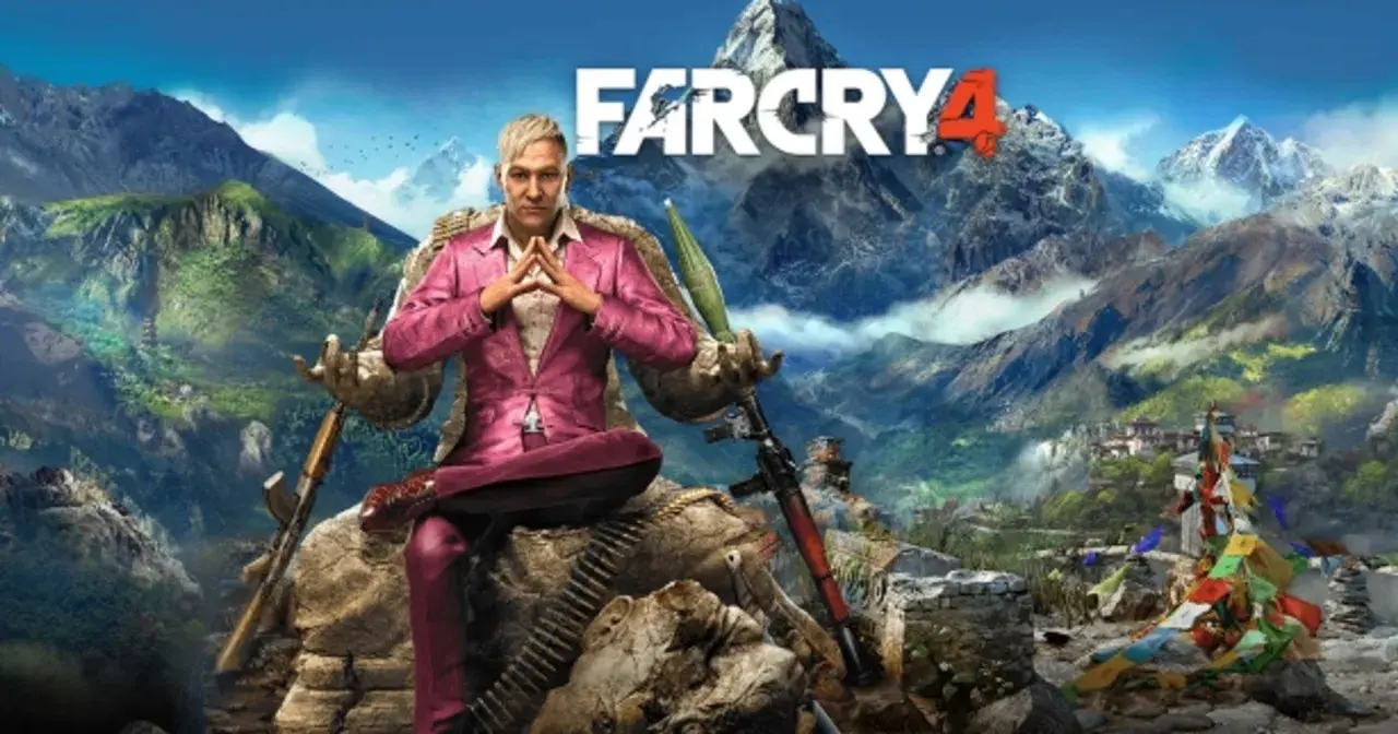 Pagan Min w różowym garniturze siedzi na tronie z kamieni i amunicji, z widokiem na góry Kyrat. Sprawdź Far Cry 4 wymagania.