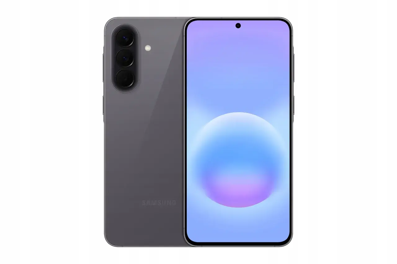 Szary Samsung Galaxy A57 5G z potrójnym aparatem z tyłu i ekranem z kolorowym gradientem.