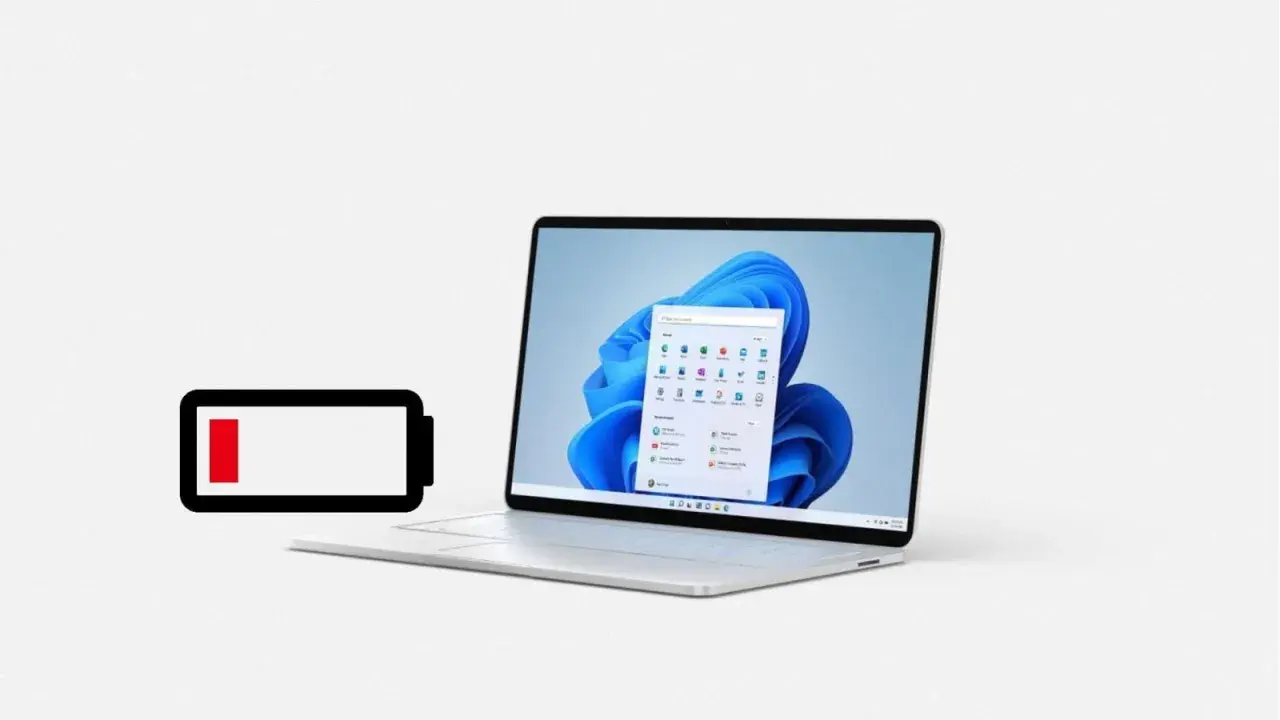 Niski poziom baterii na laptopie z Windows 11. Czas na ładowanie, by zapewnić najwyższą wydajność zasilania Windows 11.